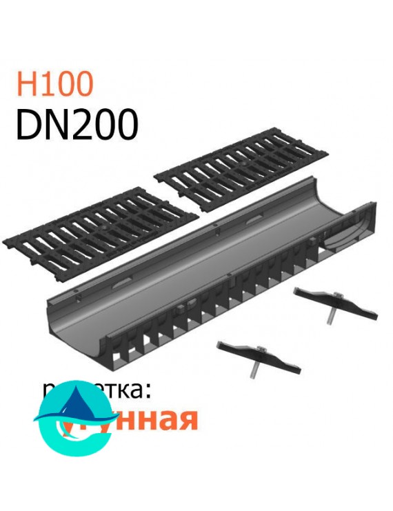 Лоток пластиковый DN200 H100 с решеткой чугунной щелевой и крепежом (комплект)