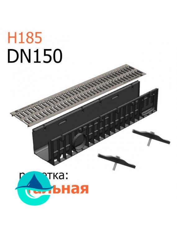 Лоток пластиковый DN150 H185 с решеткой штампованной оцинкованной и крепежом (комплект)