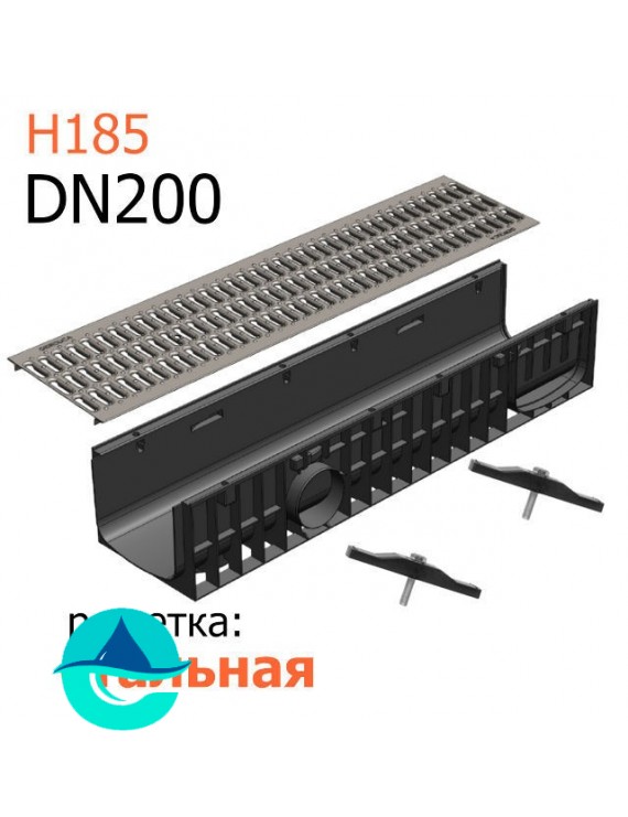 Лоток пластиковый DN200 H185 с решеткой штампованной оцинкованной и крепежом (комплект)